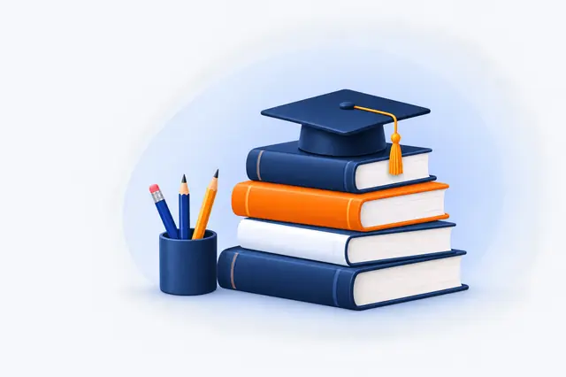 Stack of books with graduation cap and pencils