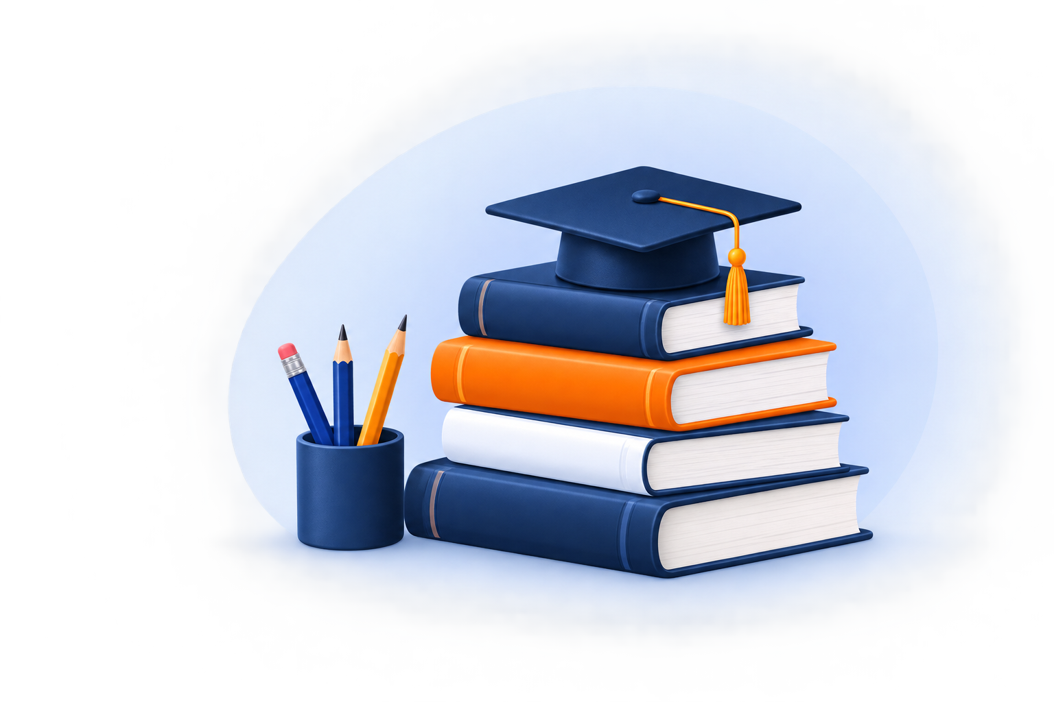 Stack of books with graduation cap and pencils